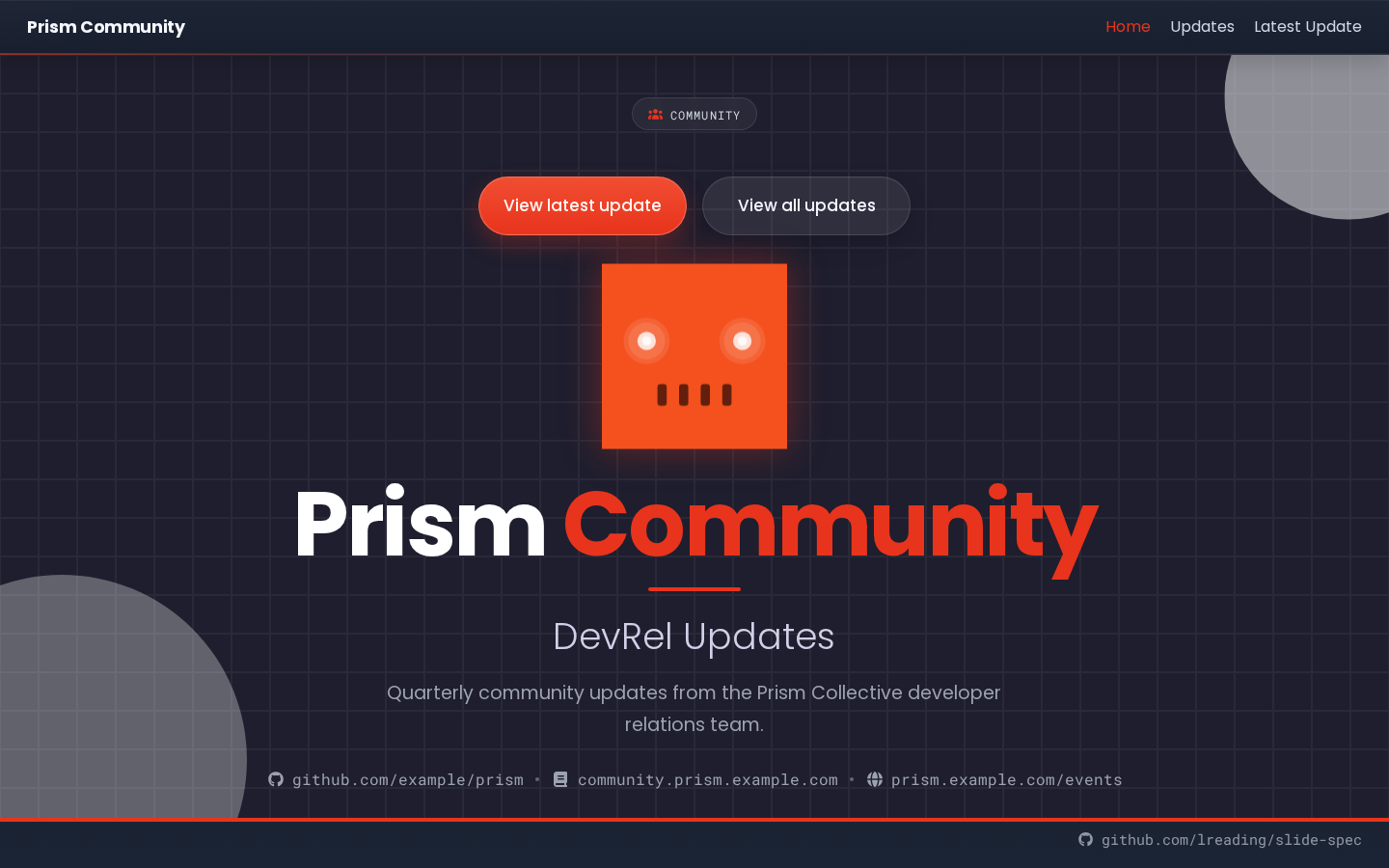 Prism Community Updates home page