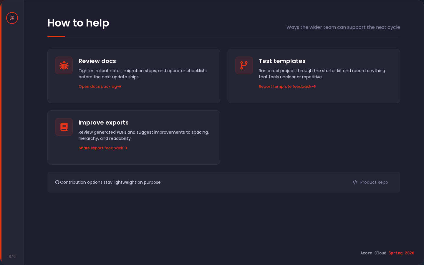Action cards slide showing three CTA cards with descriptions and links