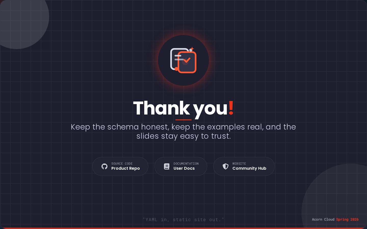 Closing slide with thank-you heading, message, resource links, and mascot