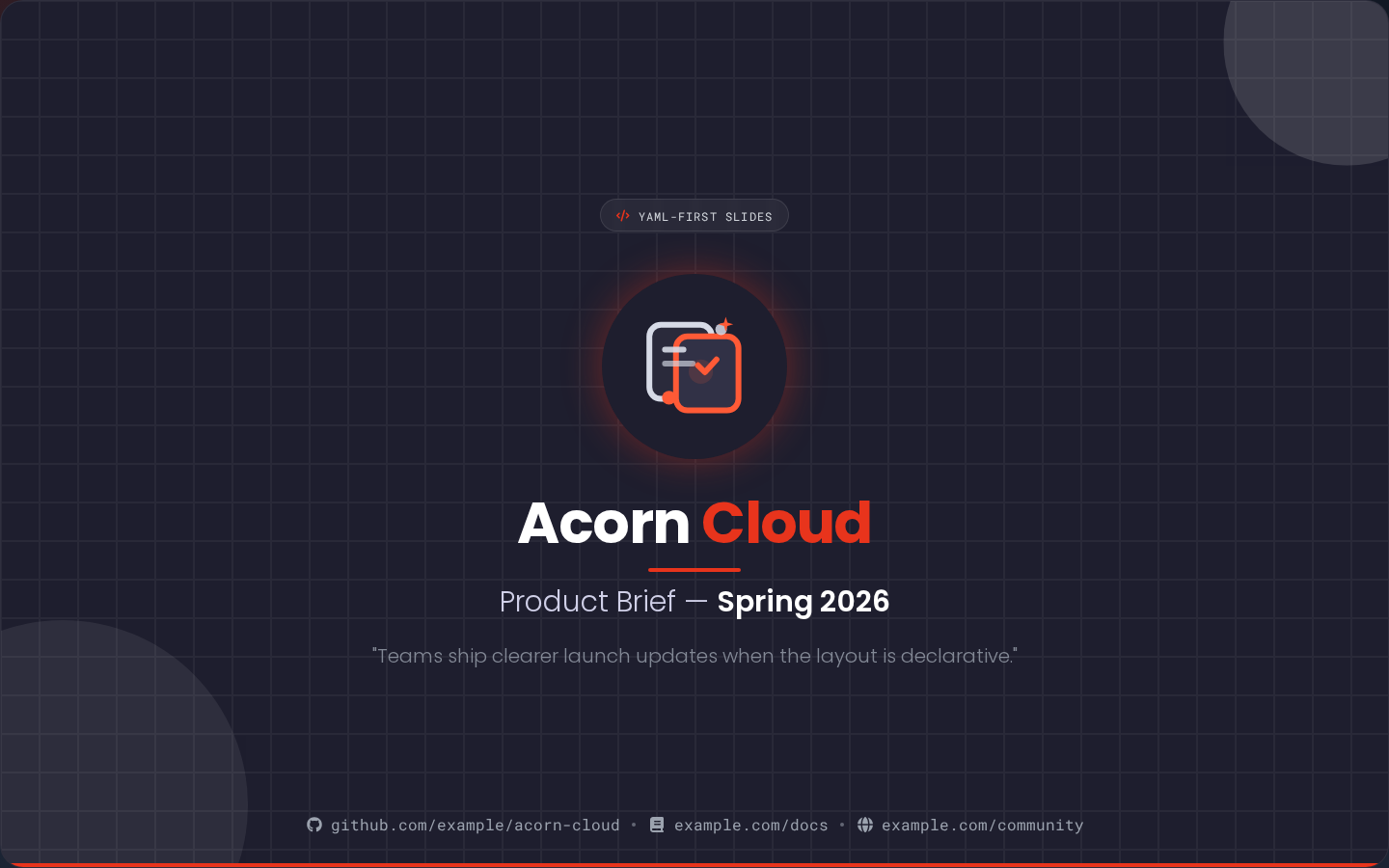 Hero slide showing title, mascot, badge, and footer links