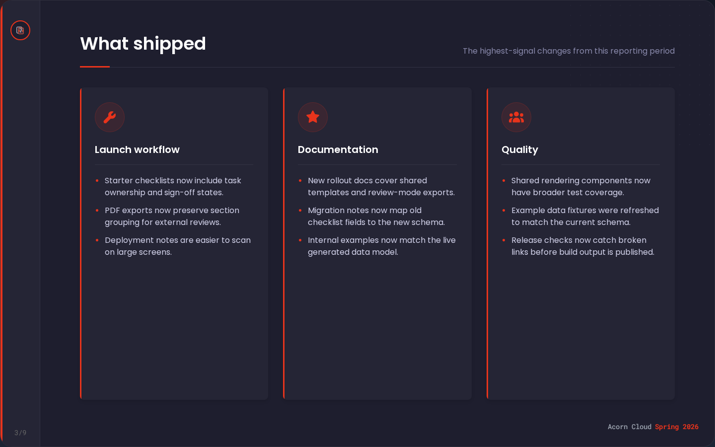 Section list grid slide showing three content sections with bullets