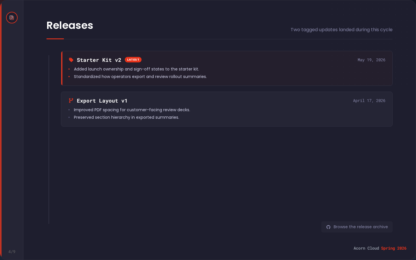 Timeline slide showing release cards with version, date, and summary bullets